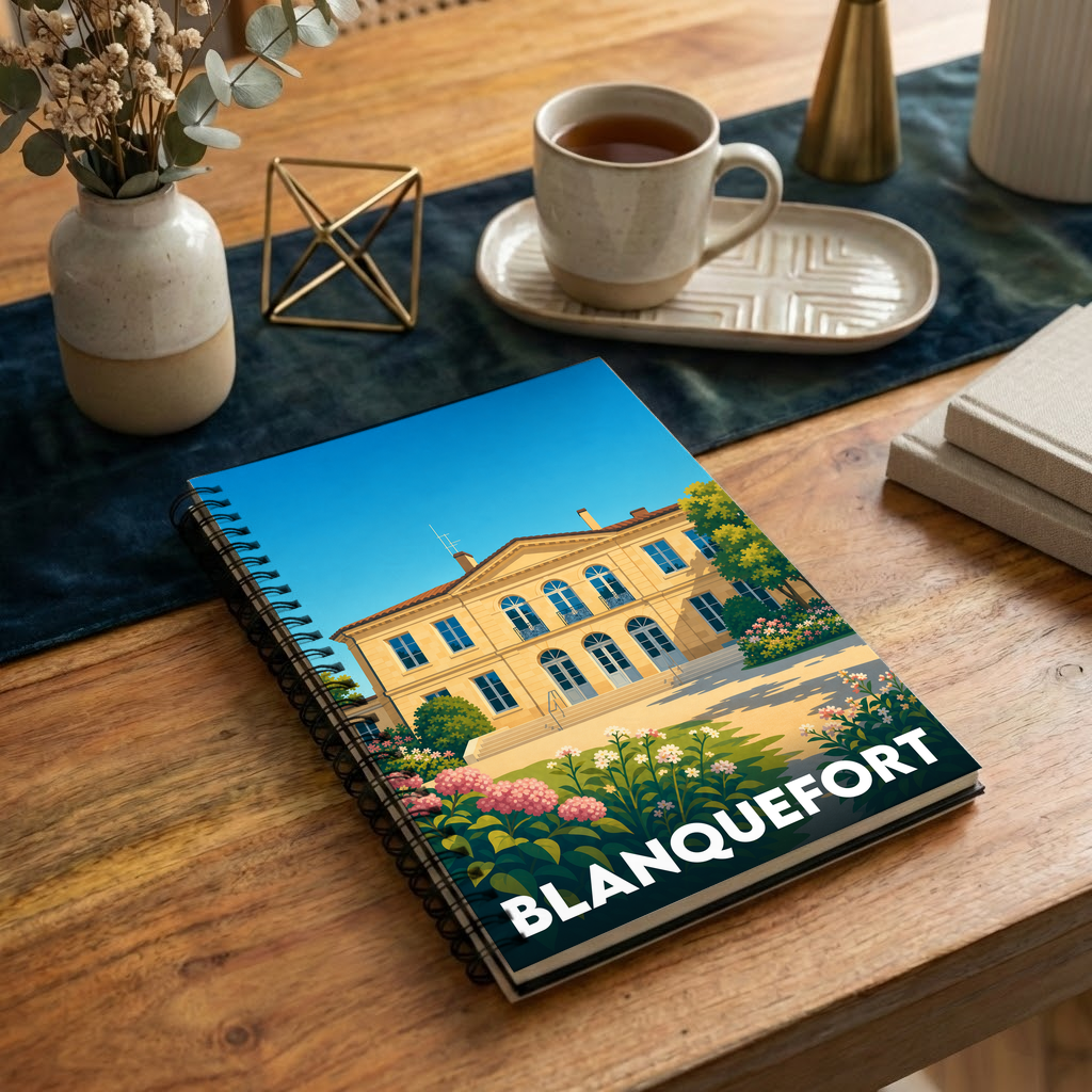 Carnet souvenir de la ville de Blanquefort avec une illustration stylisée.