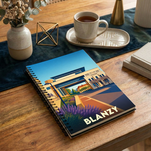 Carnet de notes souvenir de la ville de Blanzy avec une illustration stylisée et colorée de son architecture.