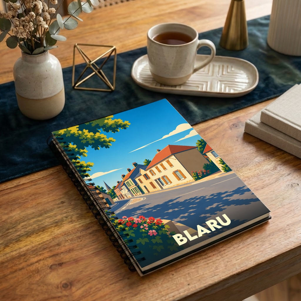 Carnet souvenir de la ville de Blaru avec une illustration stylisée.