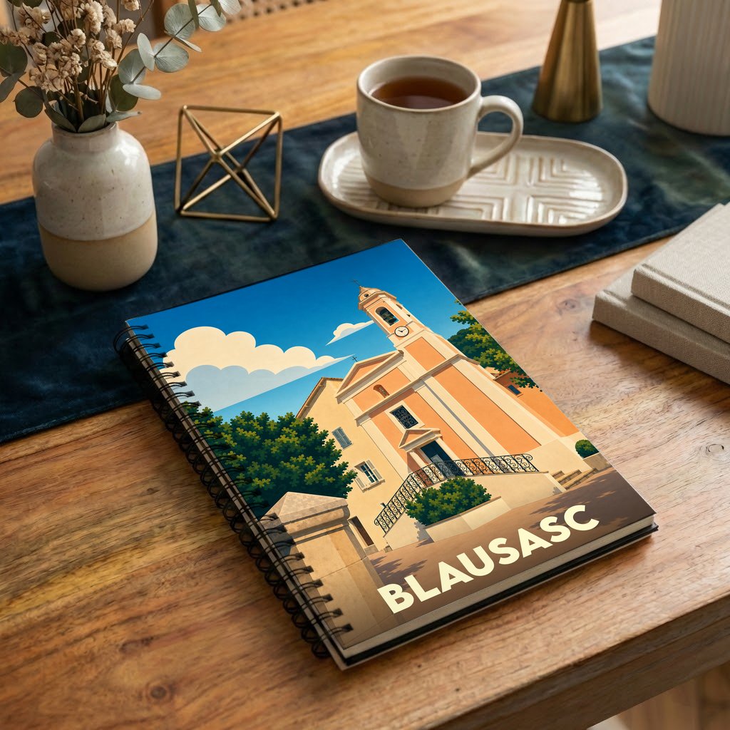 Carnet souvenir de la ville de Blausasc avec une illustration stylisée de son église.