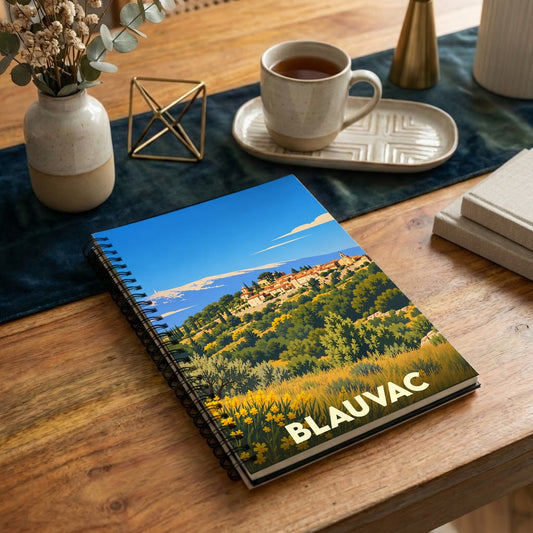 Carnet à spirale souvenir de la ville de Blauvac orné d'une illustration paysagère stylisée.
