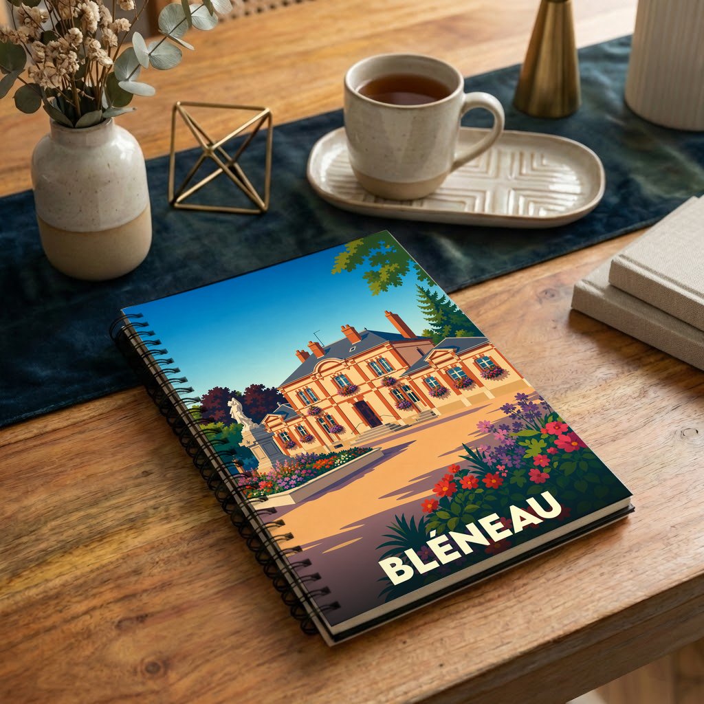 Carnet souvenir de la ville de Bléneau avec une illustration stylisée d'un château fleuri.