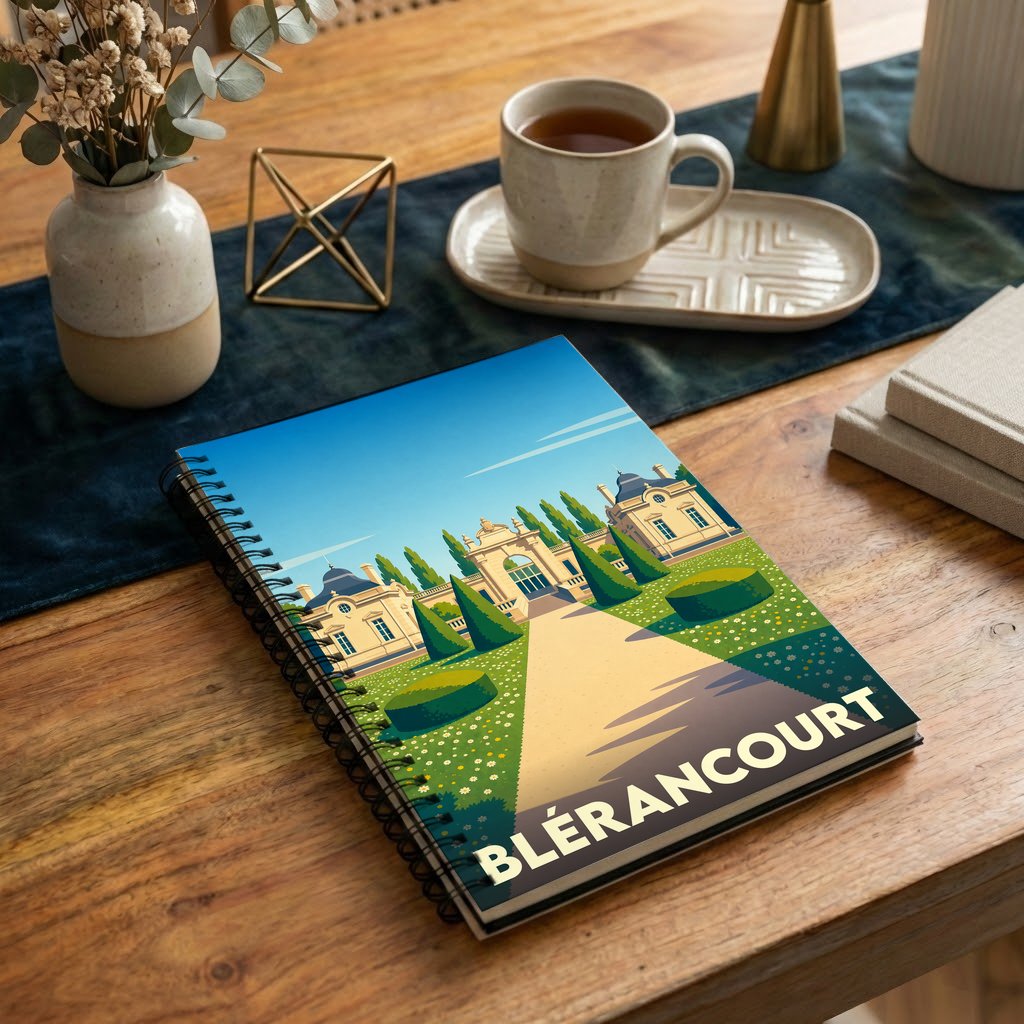 Carnet à spirales souvenir de la ville de Blérancourt avec une illustration stylisée de son château et ses jardins.