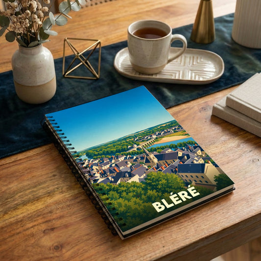 Carnet à spirales souvenir de la ville de Bléré avec une illustration stylisée.