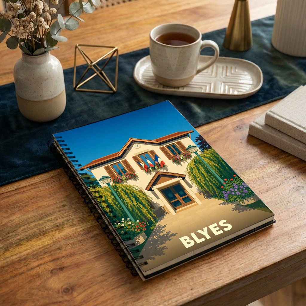 Carnet à spirales souvenir de la ville de Blyes avec une illustration stylisée de sa mairie.
