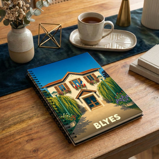 Carnet à spirales souvenir de la ville de Blyes avec une illustration stylisée de sa mairie.