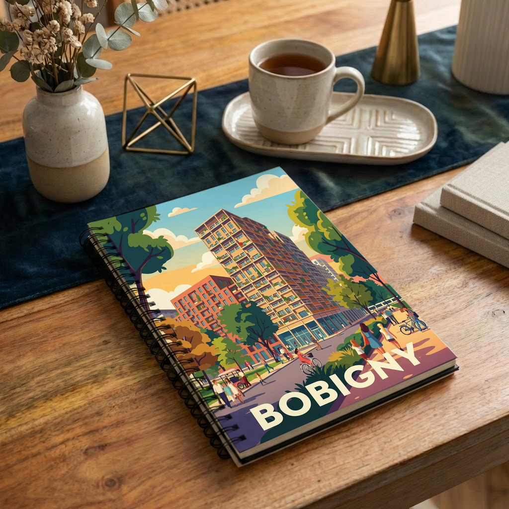 Carnet de notes souvenir de la ville de Bobigny avec une illustration urbaine stylisée et colorée.