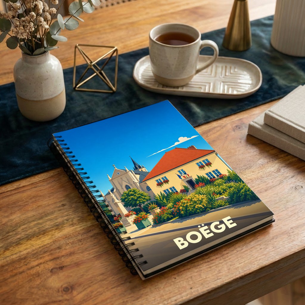 Carnet à spirales souvenir de la ville de Boëge avec une illustration stylisée.