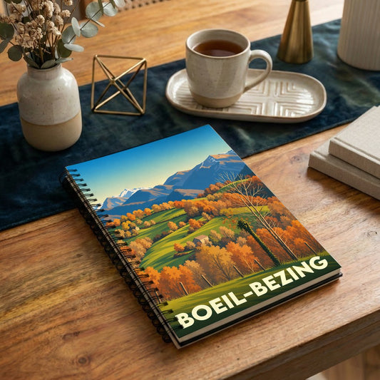 Carnet à spirales souvenir de la commune de Boeil-Bezing avec une illustration stylisée de paysages vallonnés en automne.