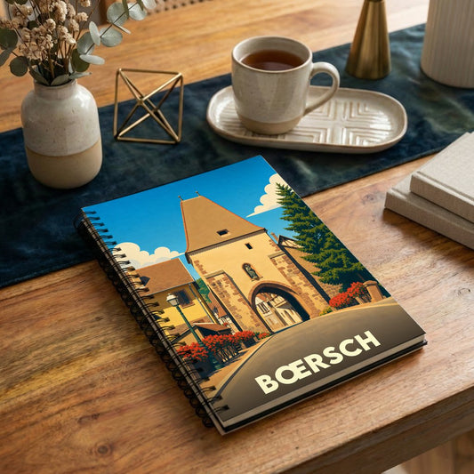 Carnet souvenir de la ville de Bœrsch avec une illustration stylisée de sa porte fortifiée.