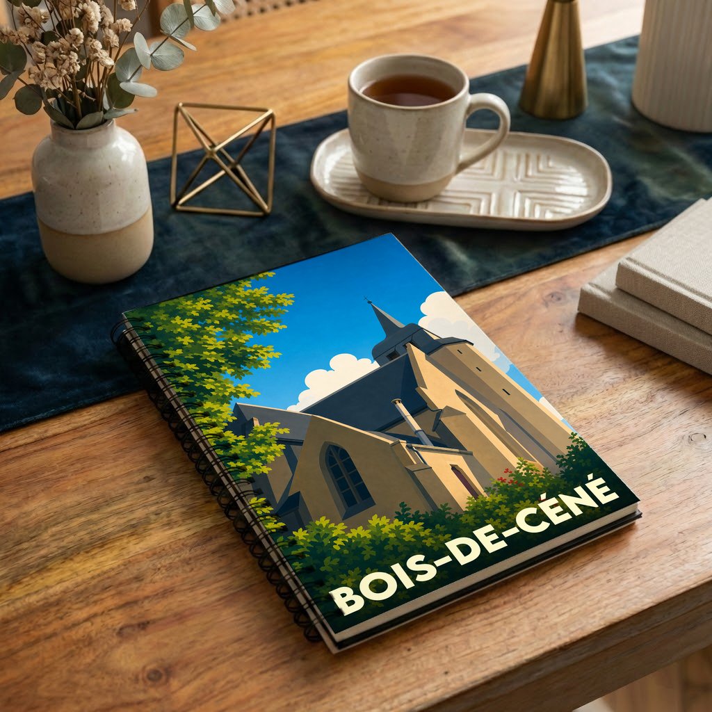 Carnet à spirales souvenir de la ville de Bois-de-Céné avec une illustration stylisée de son église.