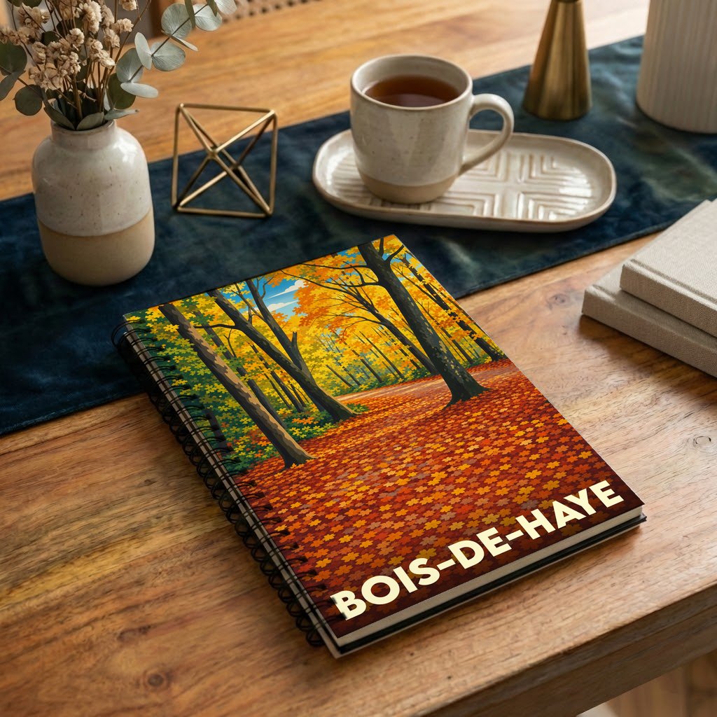 Carnet à spirales souvenir de la ville de Bois-de-Haye avec une illustration de forêt en automne.