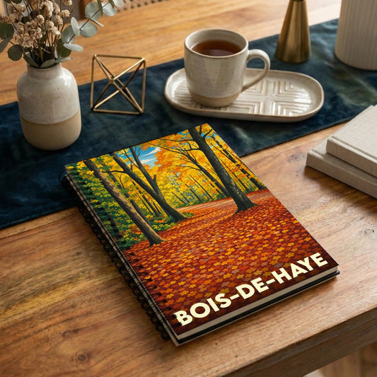 Carnet à spirales souvenir de la ville de Bois-de-Haye avec une illustration de forêt en automne.