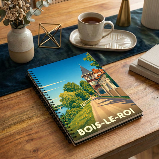 Carnet souvenir de la ville de Bois-le-Roi avec une illustration stylisée.