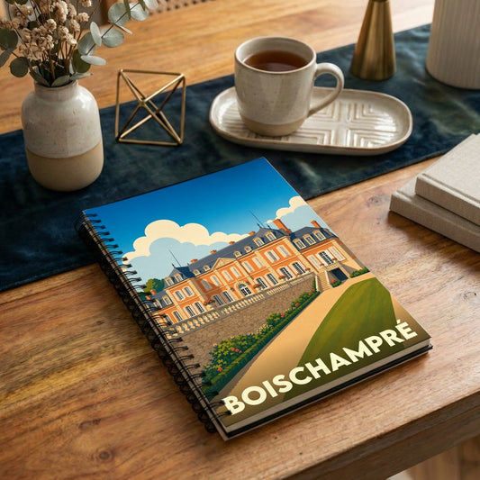 Carnet à spirales souvenir de la ville de Boischampré avec une illustration stylisée de son château.