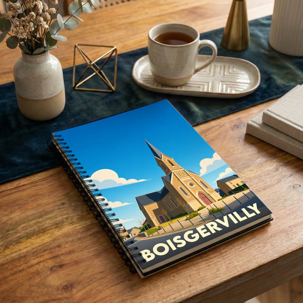 Carnet à spirales souvenir de la ville de Boisgervilly avec une illustration stylisée de son église.