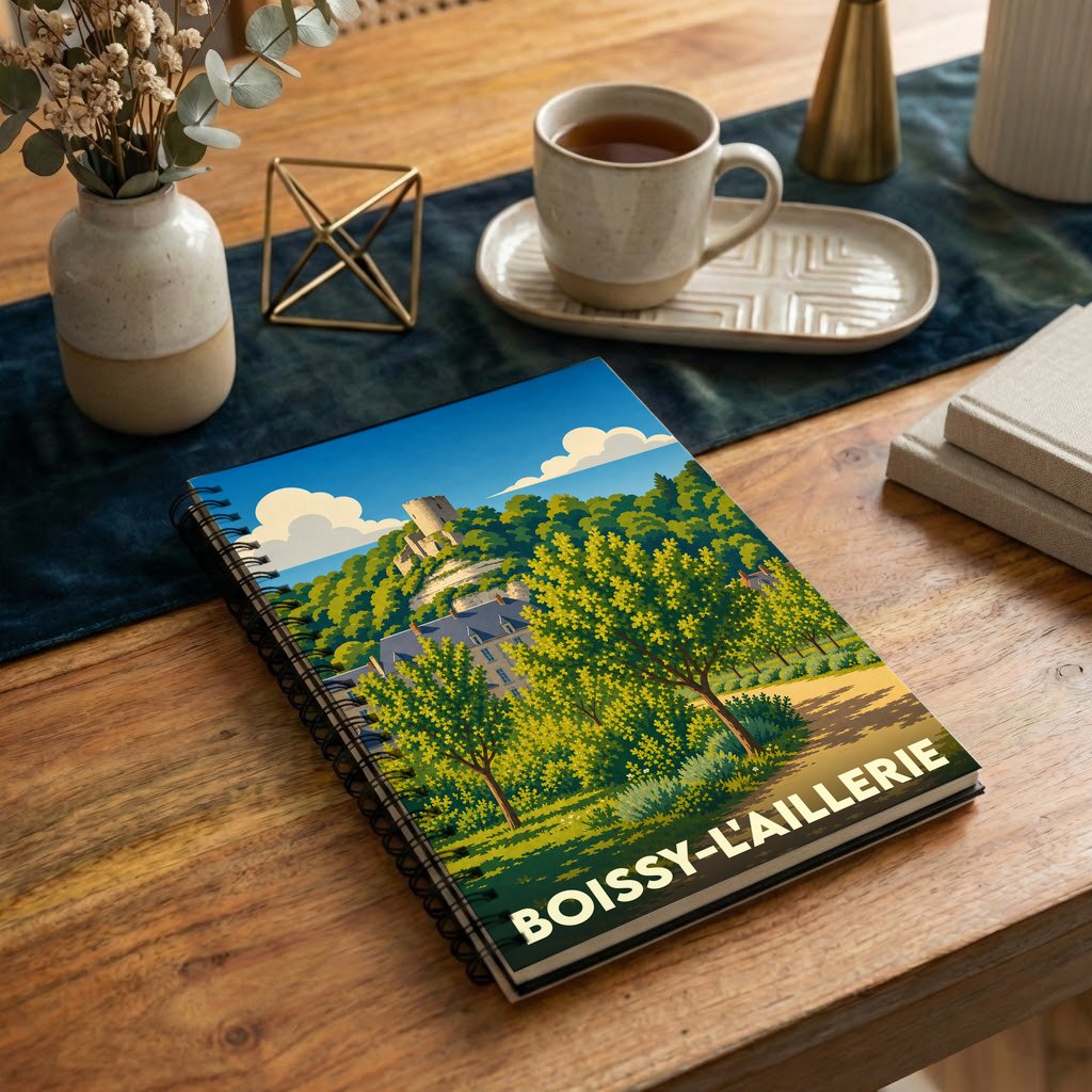 Carnet souvenir de la ville de Boissy-l'Aillerie avec une illustration stylisée de son paysage et de son patrimoine.