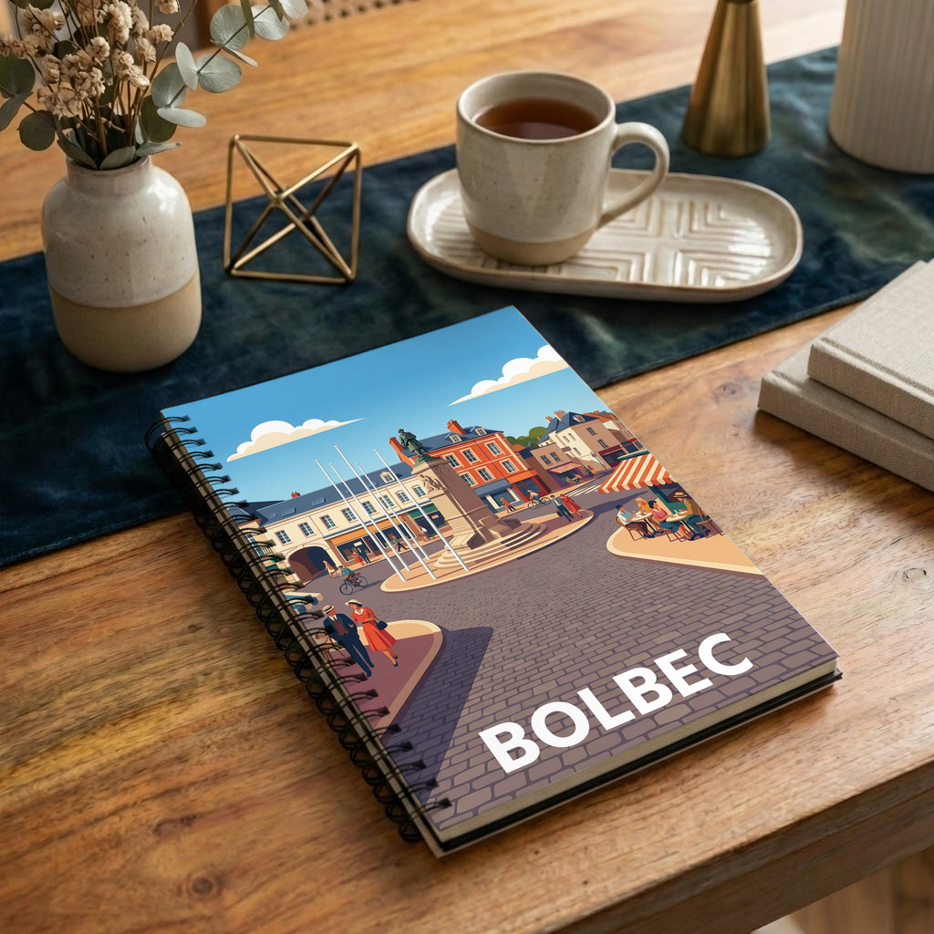 Carnet à spirales souvenir de la ville de Bolbec avec une illustration stylisée.