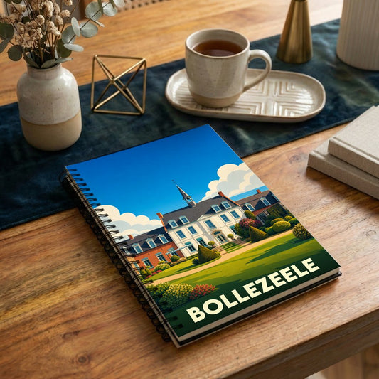 Carnet de notes à spirales souvenir de la ville de Bollezeele avec une illustration stylisée d'un manoir.
