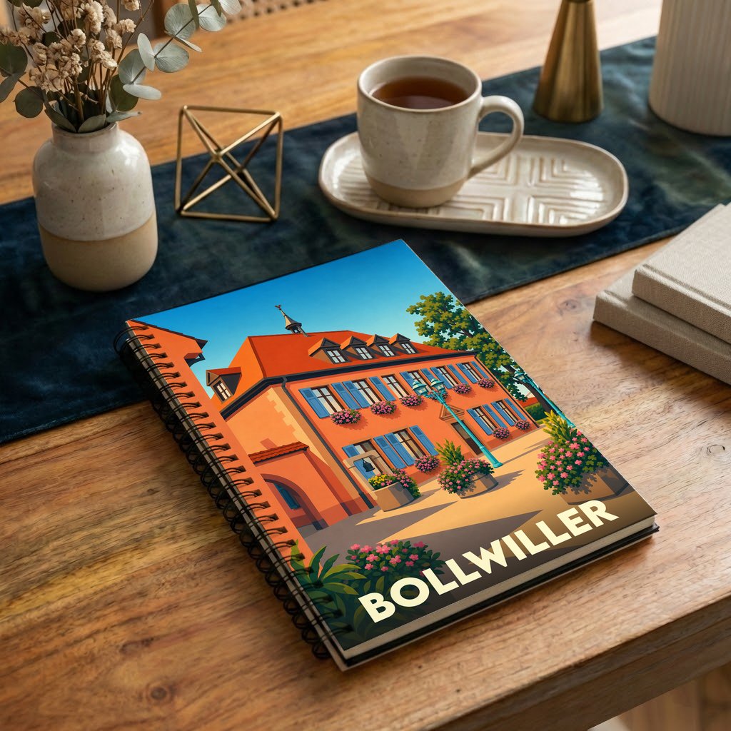 Carnet souvenir de la ville de Bollwiller orné d'une illustration stylisée de son architecture locale.