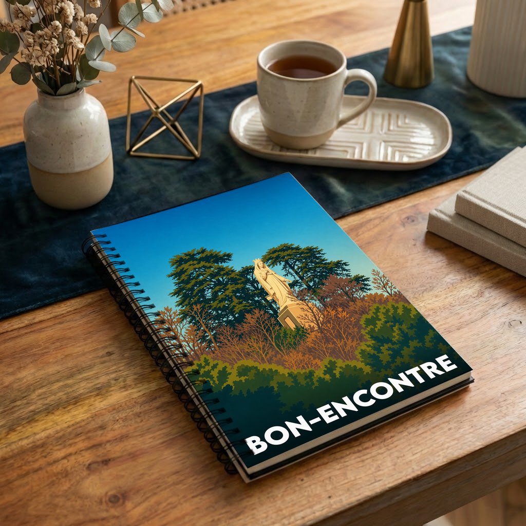 Carnet à spirales souvenir de la ville de Bon-Encontre illustré d'une statue surplombant un paysage arboré.