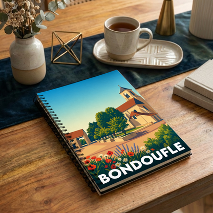 Carnet à spirales souvenir de la ville de Bondoufle avec une illustration stylisée.