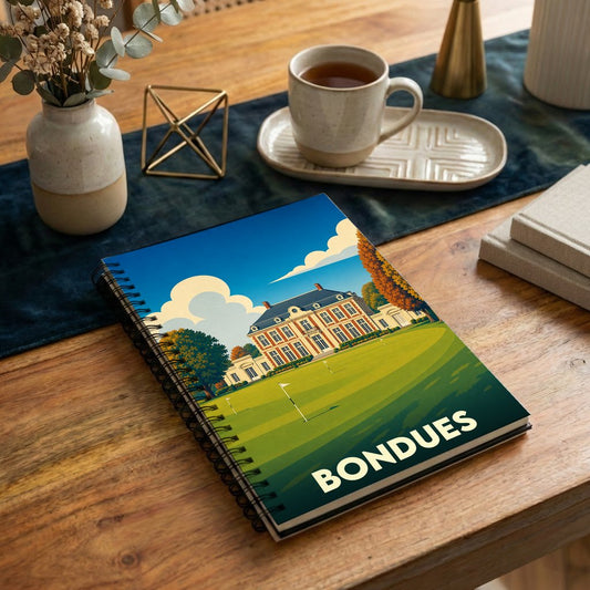 Carnet à spirale souvenir de la ville de Bondues avec une illustration stylisée de son château et du golf.
