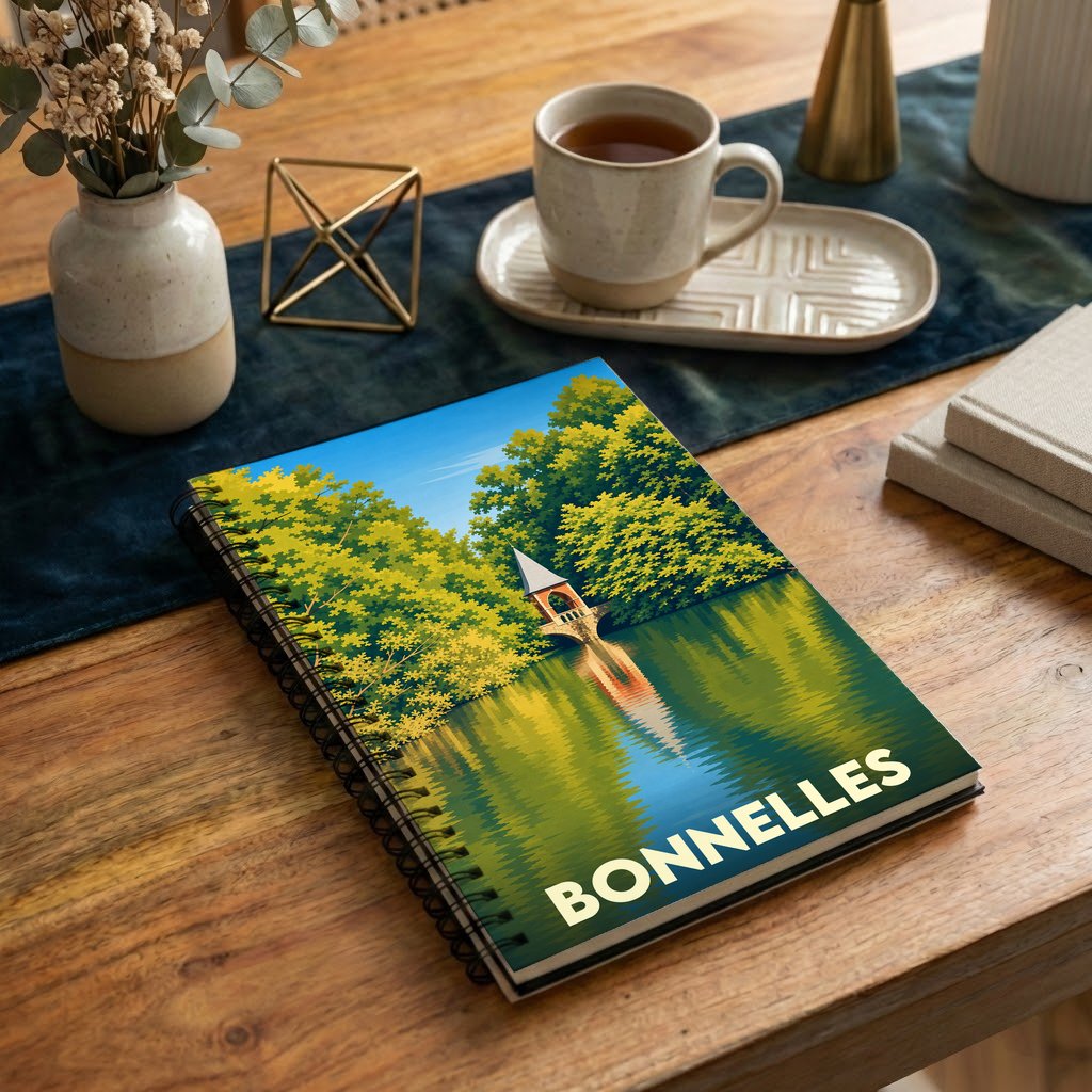 Carnet souvenir de la ville de Bonnelles avec une illustration stylisée d'un pavillon au bord de l'eau.