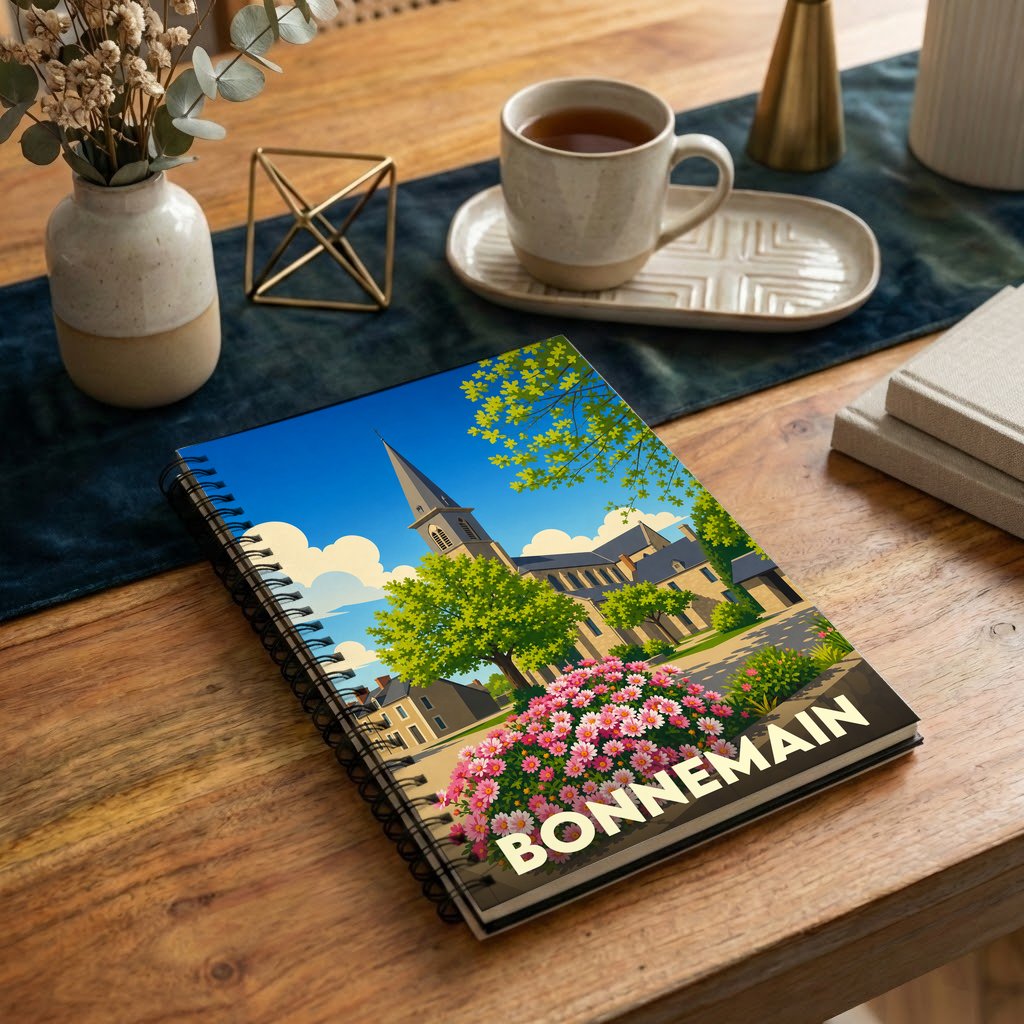 Carnet souvenir de la ville de Bonnemain avec une illustration stylisée d'un village fleuri.