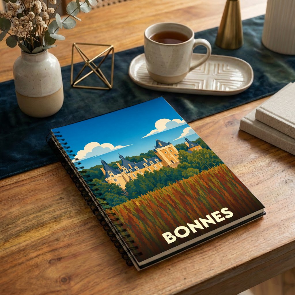 Carnet de notes à spirales souvenir de la ville de Bonnes avec une illustration stylisée de son château.