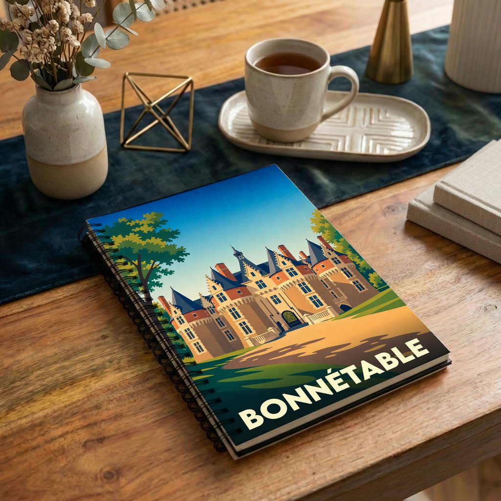 Carnet à spirales souvenir de la ville de Bonnétable avec une illustration stylisée de son château.