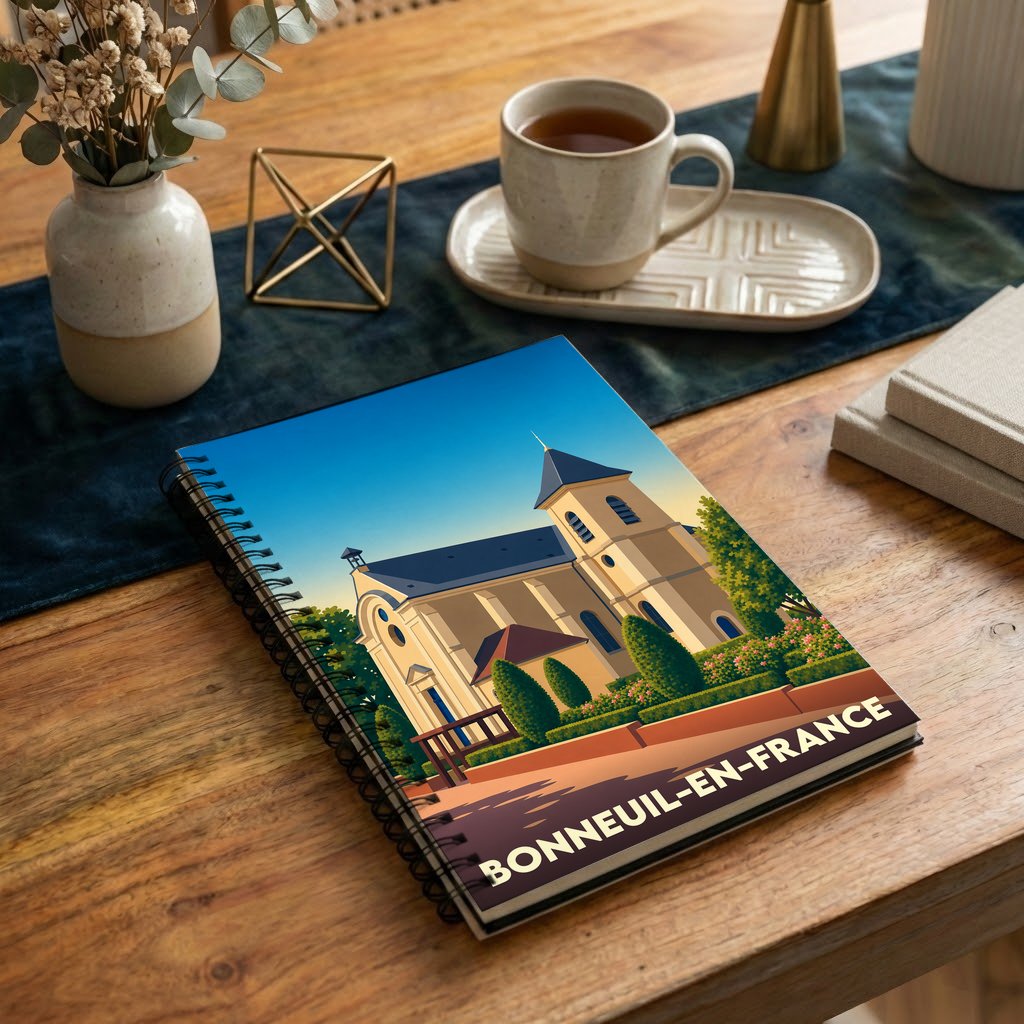Carnet à spirales souvenir de Bonneuil-en-France avec une illustration stylisée de son église.