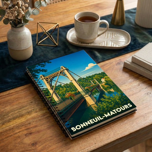 Carnet souvenir de la ville de Bonneuil-Matours illustré d'un pont suspendu dans un style vintage.