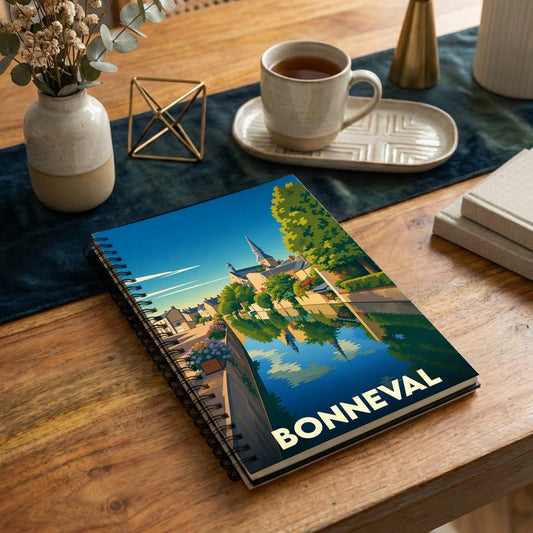 Carnet à spirales souvenir de la ville de Bonneval avec une illustration stylisée de ses canaux.