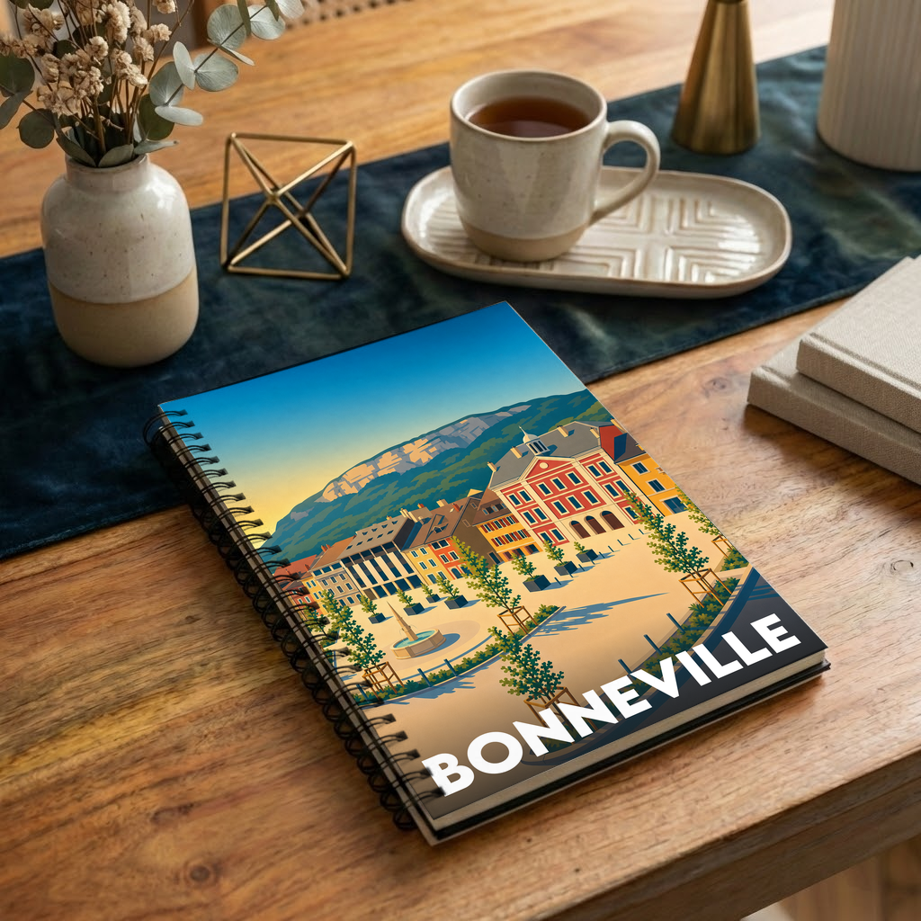 Carnet souvenir de la ville de Bonneville avec une illustration stylisée.