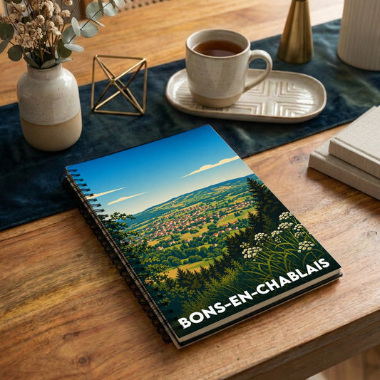 Carnet souvenir de la ville de Bons-en-Chablais avec une illustration stylisée de son paysage.