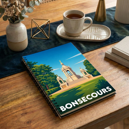 Carnet souvenir de la ville de Bonsecours avec une illustration stylisée d'un monument historique.