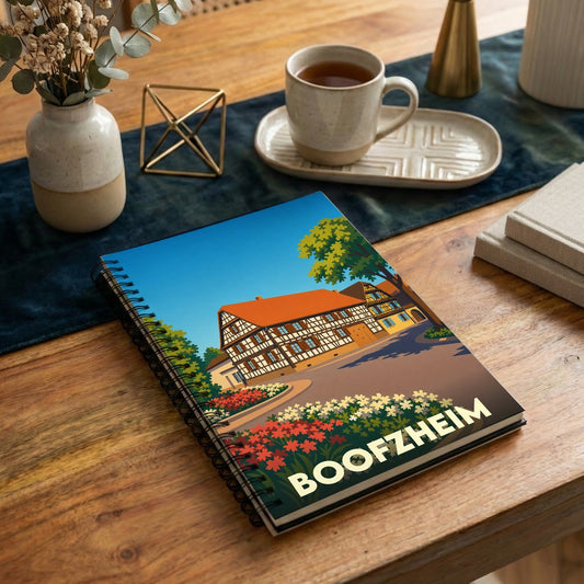 Carnet souvenir de la ville de Boofzheim avec une illustration stylisée d'une maison à colombages.