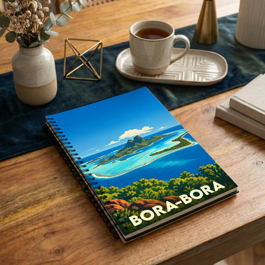 Carnet souvenir à spirale de la ville de Bora-Bora avec une illustration stylisée de son lagon.