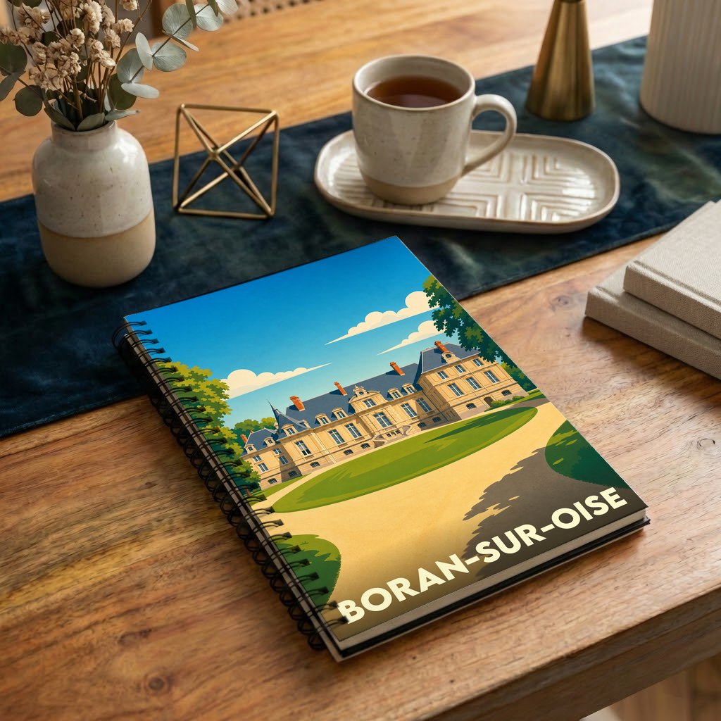 Carnet à spirales souvenir de la ville de Boran-sur-Oise avec une illustration stylisée d'un château.