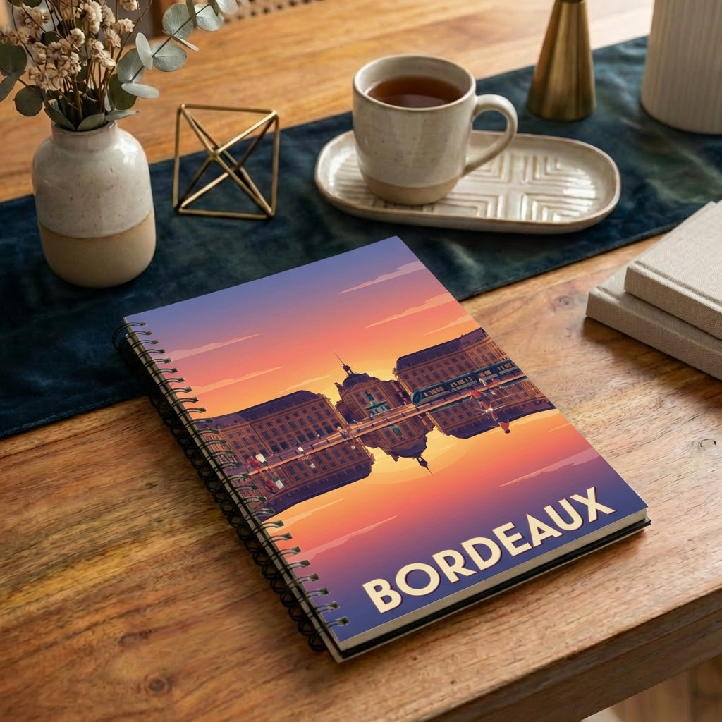 Carnet souvenir de la ville de Bordeaux avec une illustration stylisée de la Place de la Bourse.
