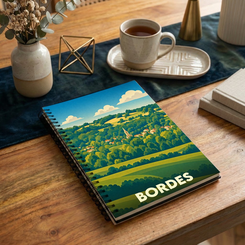 Carnet souvenir de la ville de Bordes avec une illustration de paysage vallonné au style rétro.