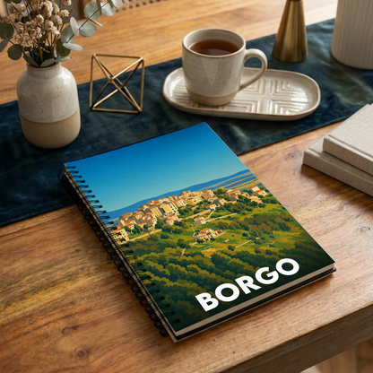 Carnet souvenir de la ville de Borgo avec une illustration stylisée.