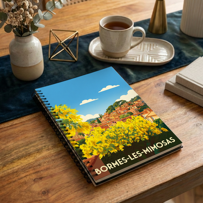 Carnet souvenir de la ville de Bormes-les-Mimosas avec une illustration stylisée de mimosas en fleurs.