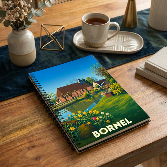 Carnet souvenir de la ville de Bornel avec une illustration paysagère stylisée.