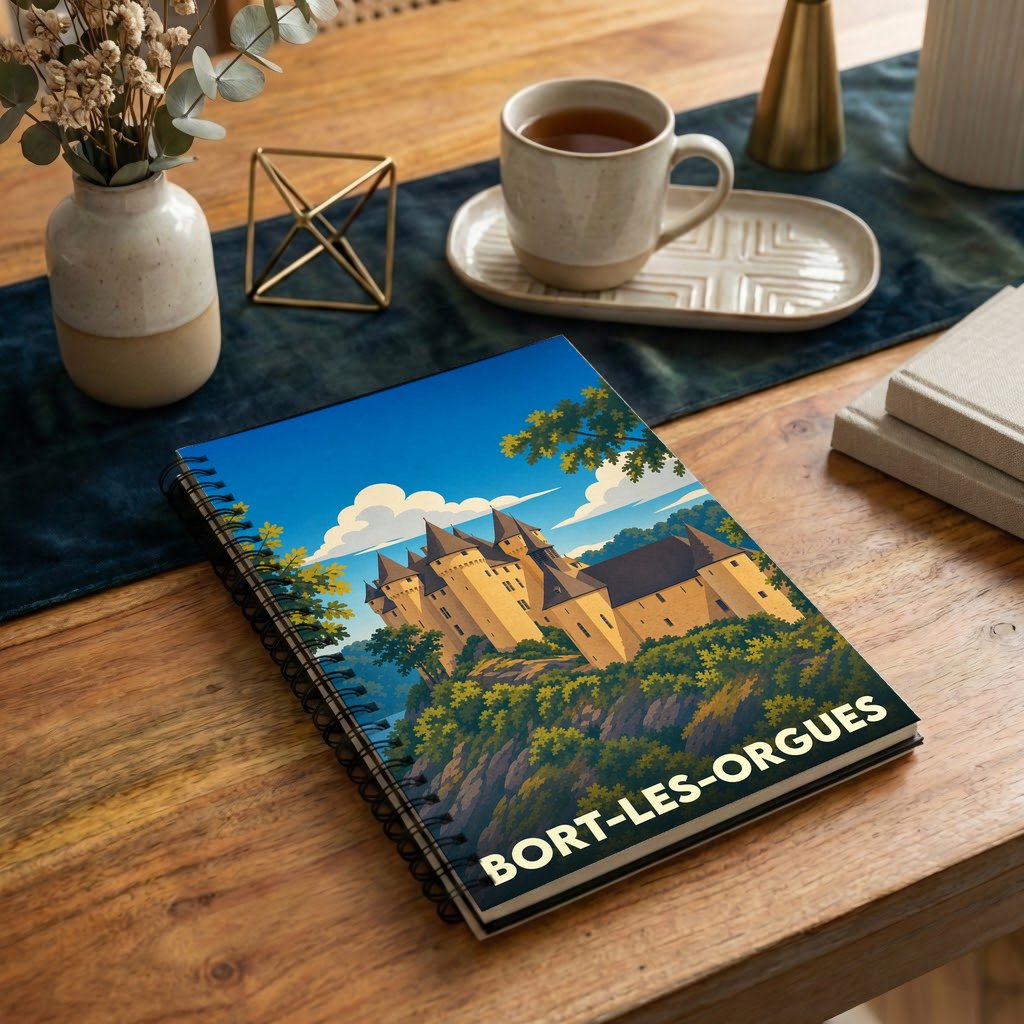 Carnet à spirales souvenir de Bort-les-Orgues illustré d'un château médiéval sur un éperon rocheux.