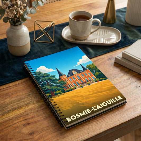 Carnet à spirales souvenir de la ville de Bosmie-l'Aiguille avec une illustration stylisée de son château.