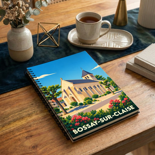 Carnet souvenir de la ville de Bossay-sur-Claise avec une illustration stylisée de son église.