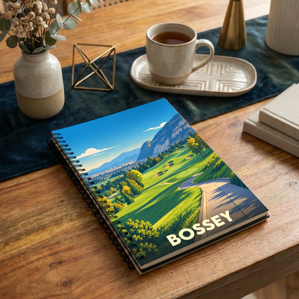 Carnet souvenir de la ville de Bossey avec une illustration stylisée d'un paysage de montagne et de golf.