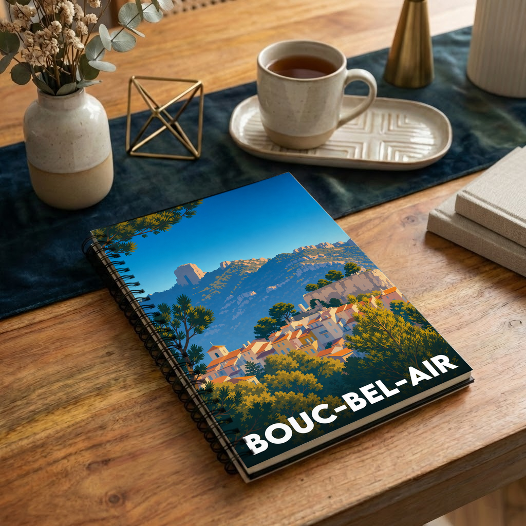 Carnet souvenir de la ville de Bouc-Bel-Air avec une illustration stylisée de ses paysages provençaux.